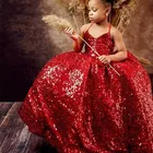 Милое блестящее красное платье с блестками и цветочным принтом для девочек, платье с воротником Хомутом, длиной до пола для первого причастия, детское платье для конкурса
