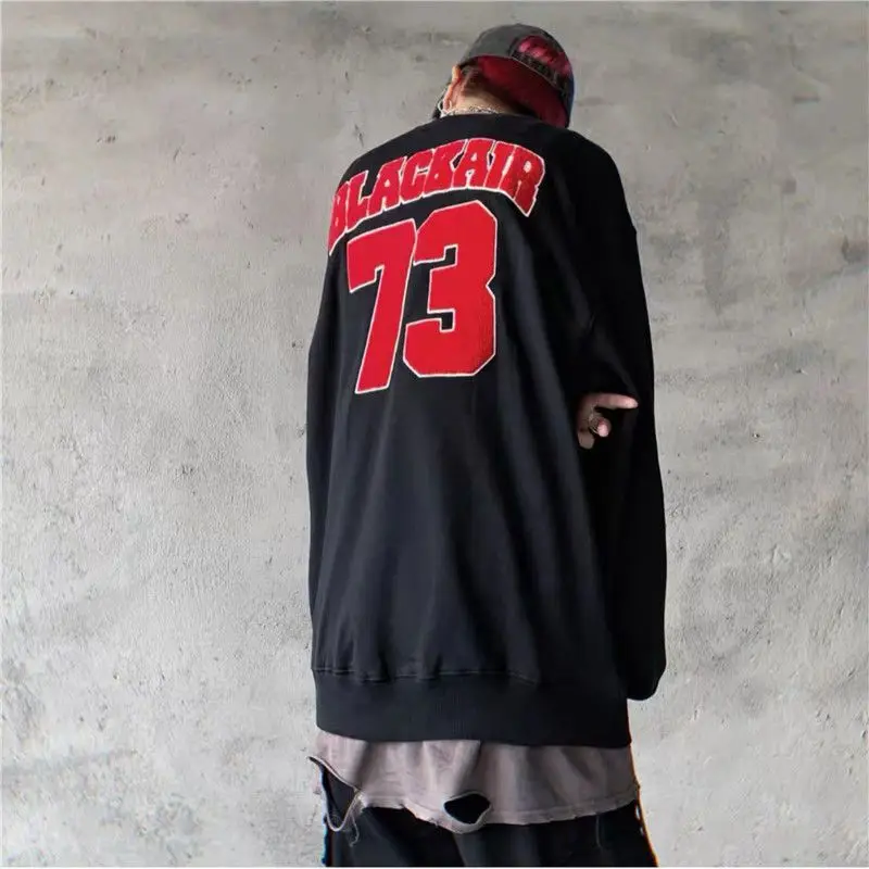 

American retro sweatshirt for men trend hip-hop high street tops loose O-neck pullover plus velvet solid color jacket all-match