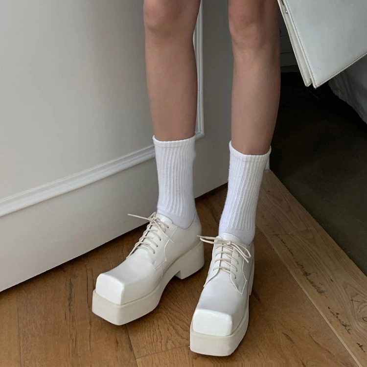 

Trifle Platform Small Leather Shoes Trendy Women's Leather Square Toe College Style Soft Bottom Heel Lace-up Women's Shoes