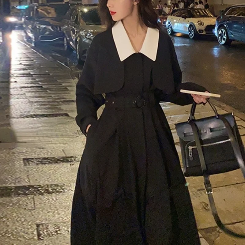 Elegant Black Midi Shirt Dress Women Gothic One Piece Dress Korean Fashion Y2k Vintage Trench Dress Office Lady Autumn 2021 Chic