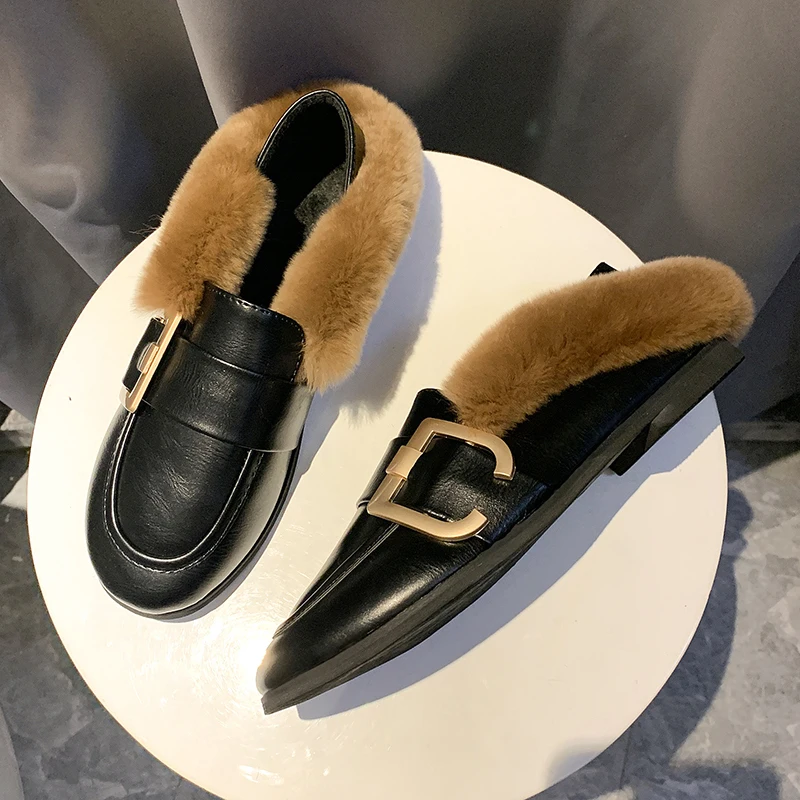 Winter mules slides outside fur slippers metal buckle flats slip-on slingback flip flops Korean casual round toe plush |