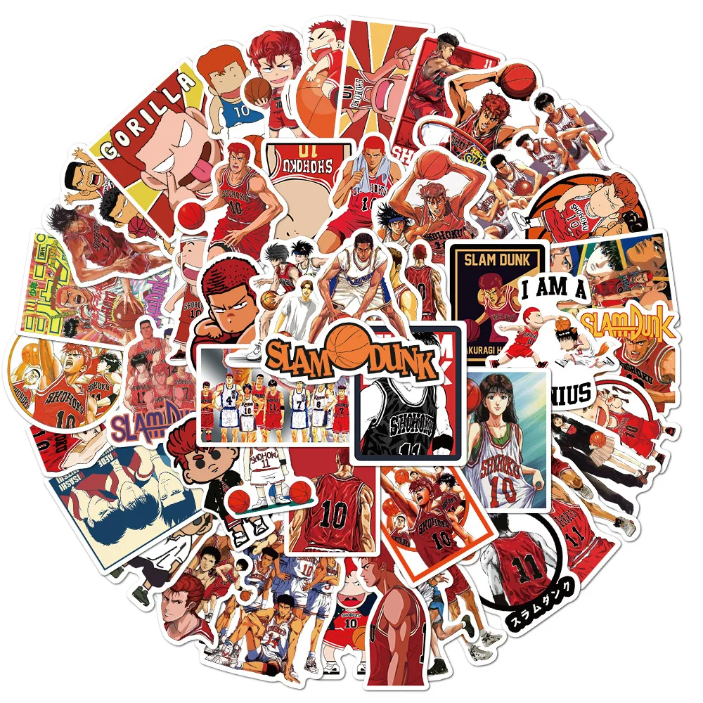 5/10/50 Uds Anime SLAM DUNK pegatinas Sakuragi Hanamichi Kaede Rukawa Ryota Mitsui calcoman&iacute;as Skateboard impermeable adhesivos para juguetes de ni&ntilde;o-1