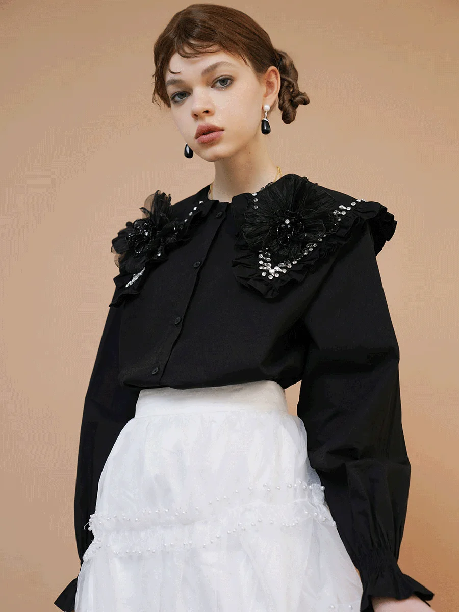 2022 Весенняя женская рубашка с воротником Питер Пэн Стразы цветочное украшение |