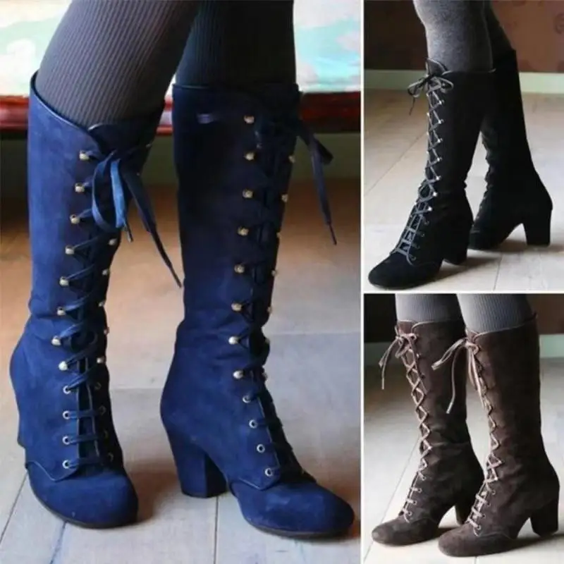

2021 Medieval Women's Casual Riding Boots Winter Lace-Up Suede Long Knight Boots Women's High Heel Cowboy Shoes Mid-Calf Sexy