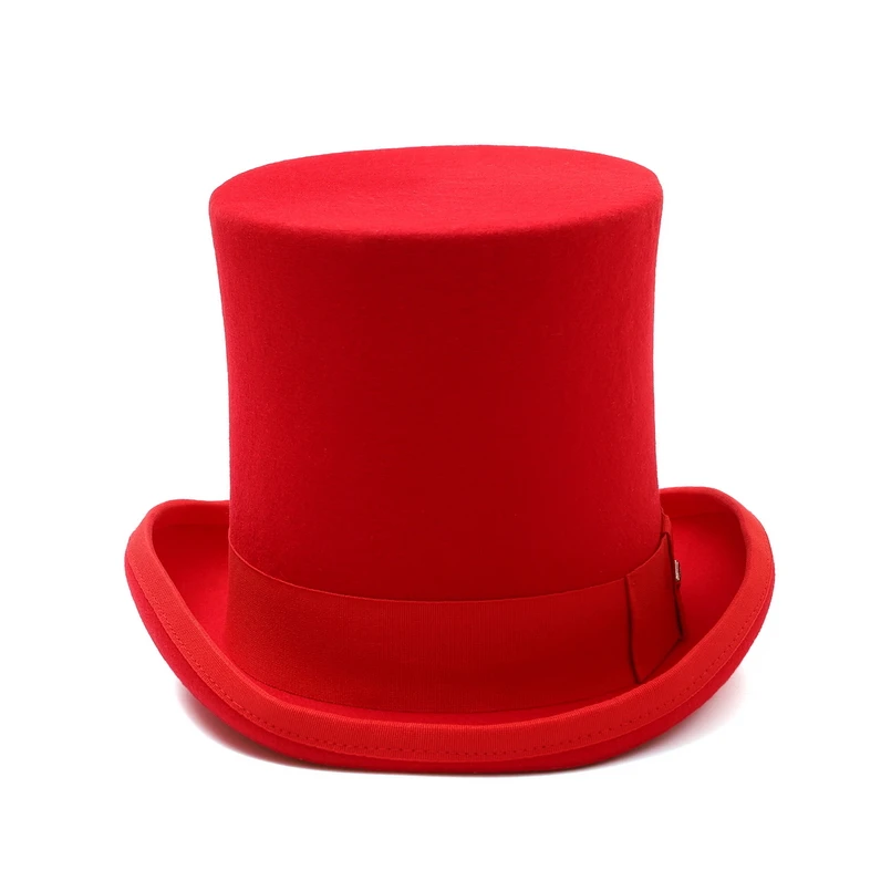 GEMVIE 17cm 100% Wool Felt Red Top Hat Costume Fedora Cylinder Hat for Women/Men Topper Mad Hatter Party Derby Magician Hat