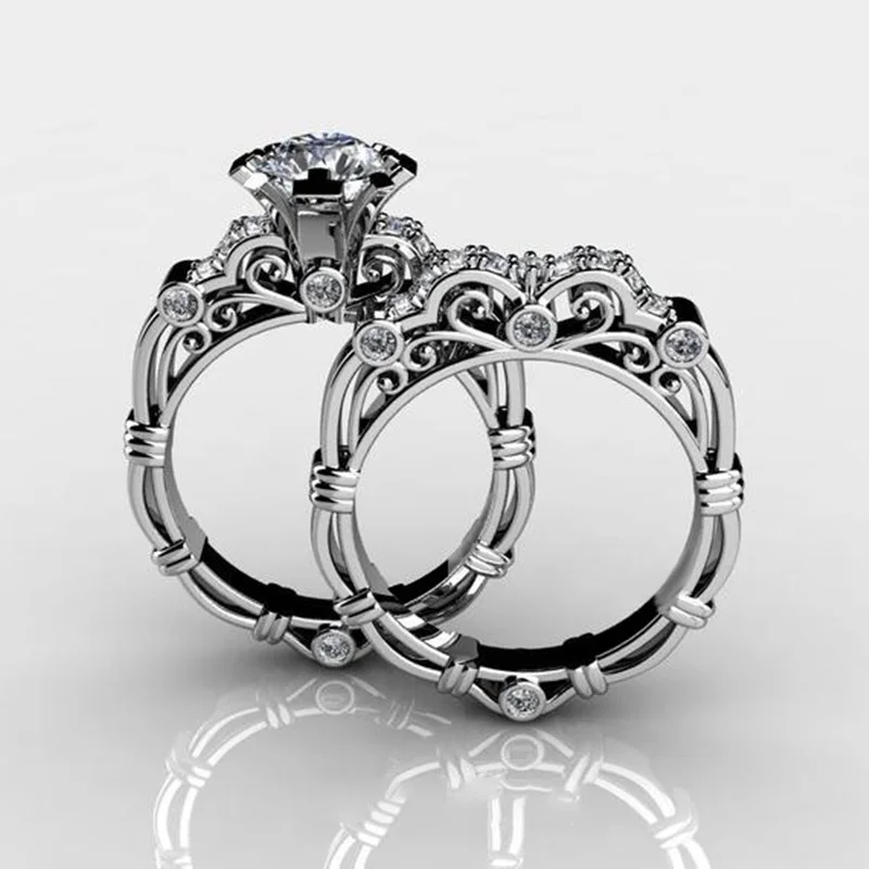 

OMHXZJ Wholesale European Fashion Woman Girl Party Birthday Wedding Gift Luxury Shiny Zircon 18KT Rose White Gold Ring Set RR951