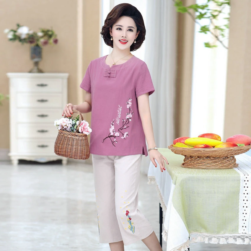 

Middle Aged Women Summer Short Sleeve Top And Cropped Pant 2PCS Suit Set Blue Purple Peach Blossom Embroidery Twinset Outfit New