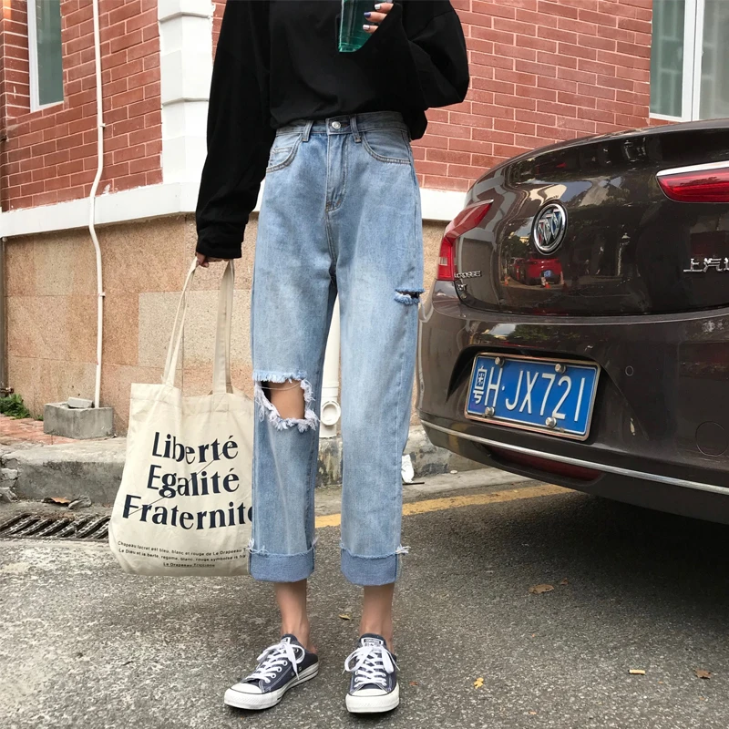 

Летние женские шикарные свободные джинсы с эффектом потертости, обтягивающие широкие брюки с высокой талией, женские модные брюки для поху...