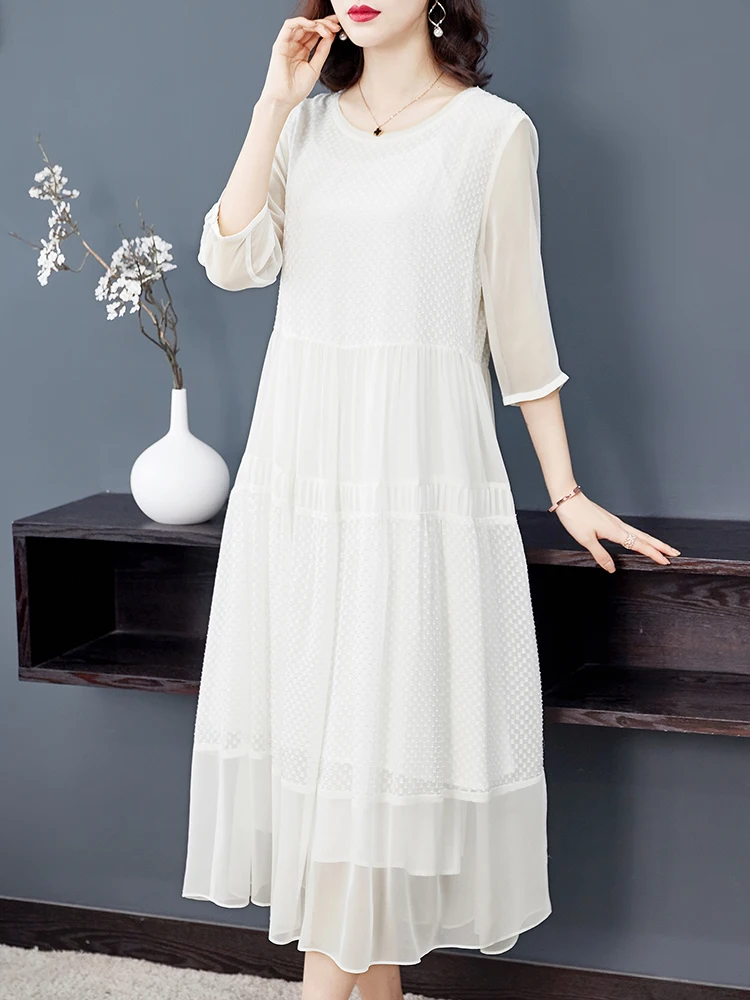 

Women Summer White 200% Dress Elegant Spring Real Mulberry Silk Black Dresses Party Midi Vestidos De Verano D208622