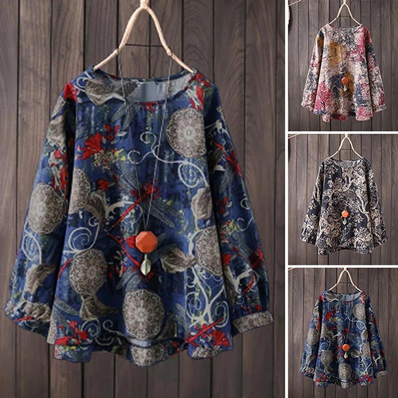 

Spring Women Bohemian Blouse Casual O Neck Long Sleeve Vintage Floral Printed Shirt Loose Cotton Linen Top Femme Blusas