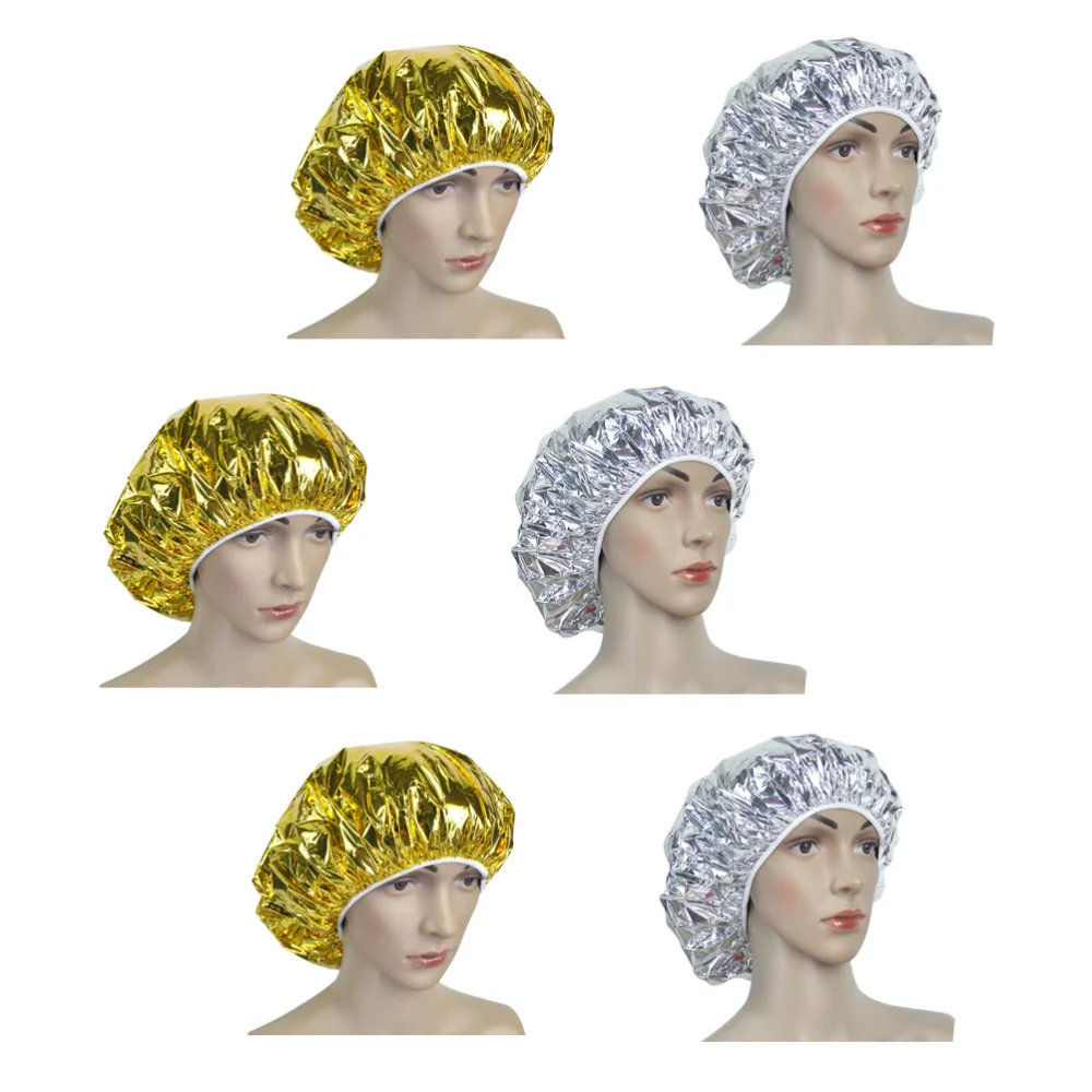 

6Pcs Elastic Bathing Cap Aluminum Foil Heat Insulation Cap Hairdressing Cap Hair Dyeing Cap (Golden Silver for Each 3Pcs)
