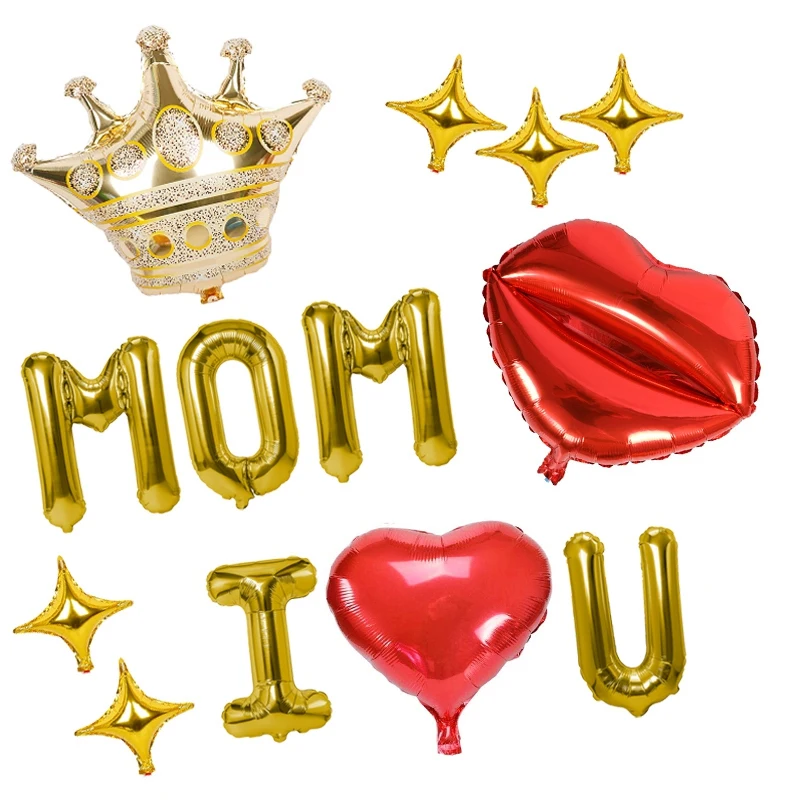 

13Pcs Mom I Love You Set for Mothers Day Party Family Decoration 16Inch Gold Letter Red Heart Balloons Foil Ball