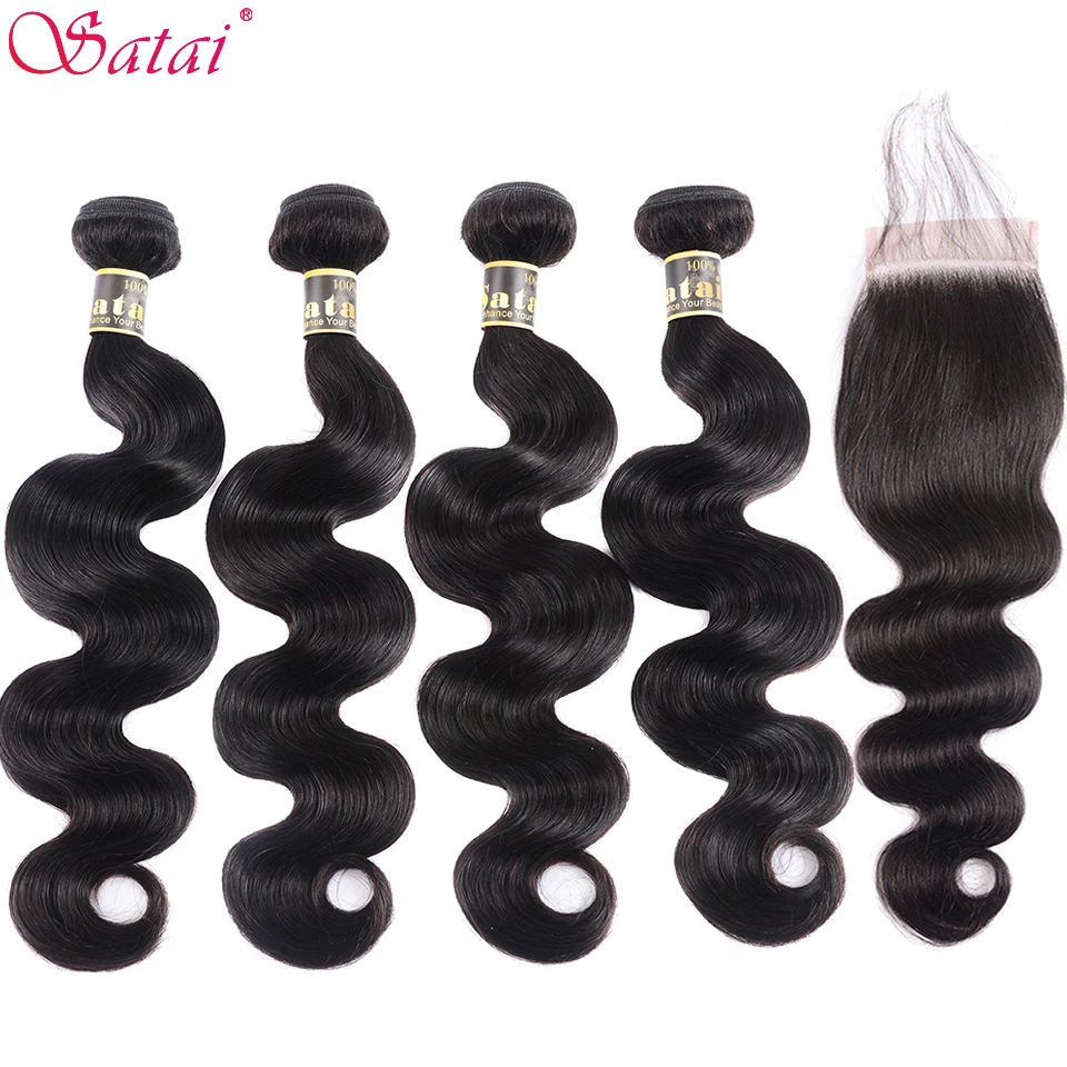 

SATAI Body Wave Human Hair Bundles with Closure Natural Color 4 Bundles With Closure Brazilian Hair Weave Bundles Non-Remy Hair