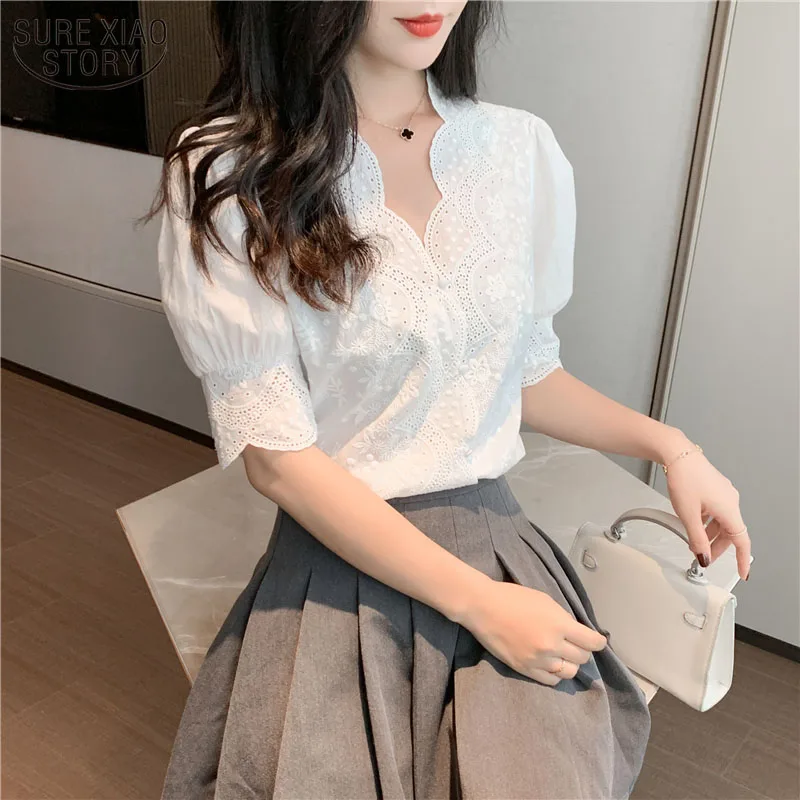 

Embroidery Lace Spring Femme Shirt Casual White Tops Girls Blouse Women Long Sleeve Linen Cotton Pleasure Women Blouses 13102