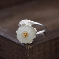 vla 925 sterling silver creative aesthetic nephrite lotus ring womens fashion simple flower ring adjustable