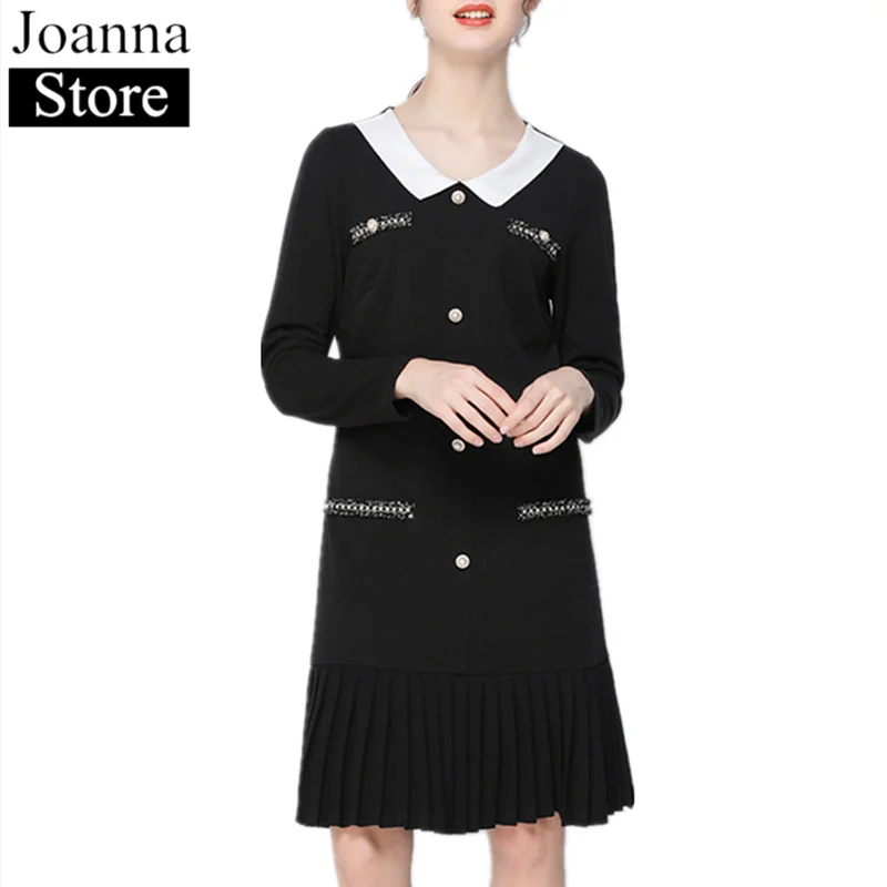 

Spring New Splice Long Dress Women Long Sleeve Doll Collar Vintage Elegant Pleated Slim Dresses Black Plus Size Casual Clothes