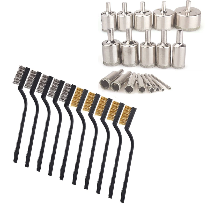 

18 шт., набор алмазных корончатых Сверл с 10 кисточками для царапин (нержавеющая сталь + латунь)