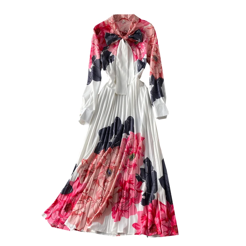 

2021 Summer New Women's Fashion Large Swing Long Dresses Elegant Flowers Printed Pleated Dress Female Bohemian Seaside