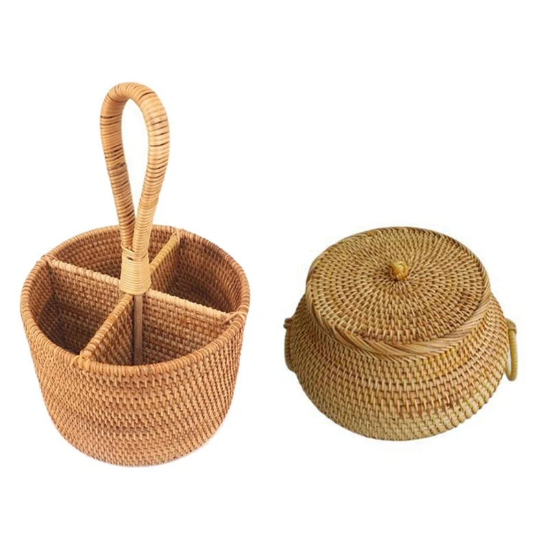 

Hand-Woven Rattan Storage Basket Round Four Compartment Basket & Autumn Rattan Tea Cans Best Selling Loose Tea Box