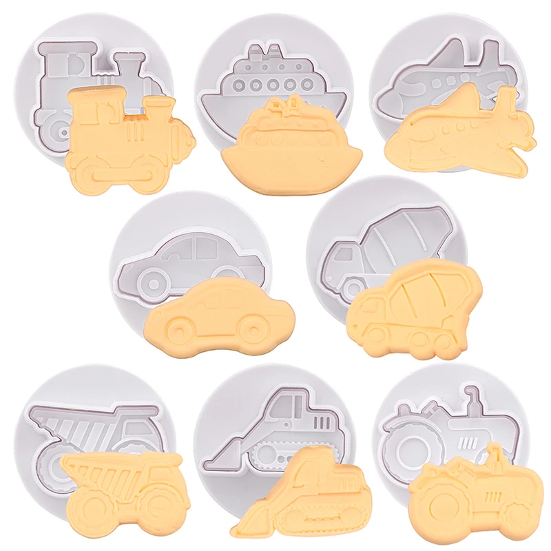 

4Pcs/set 3D Biscuit Mold Airplane Car Engineering vehicle Cookie Cutters Fondant Pastry Plunger Chocolate Mold Cake Baking Tools