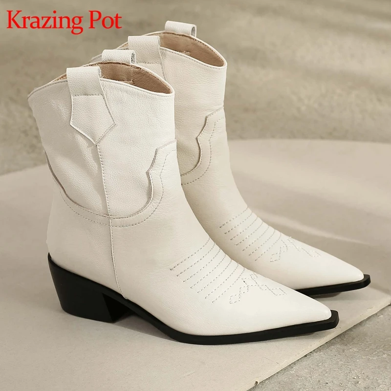 

Krazing pot 2019 genuine leather pointed toe online star med heels superstar vacation slip on sewing decoration ankle boots l21