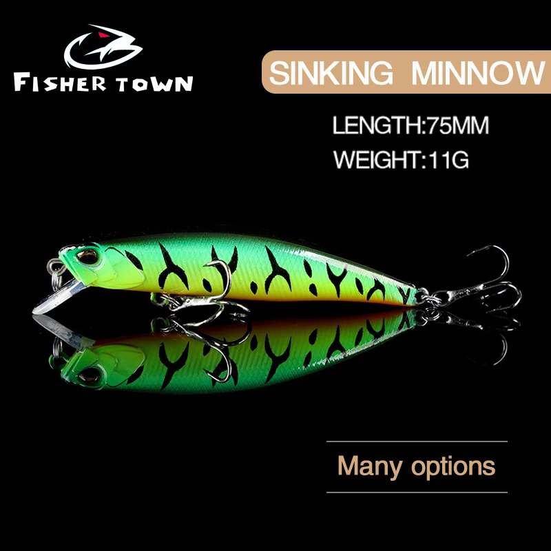 

Fisher Town Sinking Minnow Fixed Weight Fishing Lure 75mm 11G Wobbler Armed With Hook Shore Rock Trout Bait Tackle