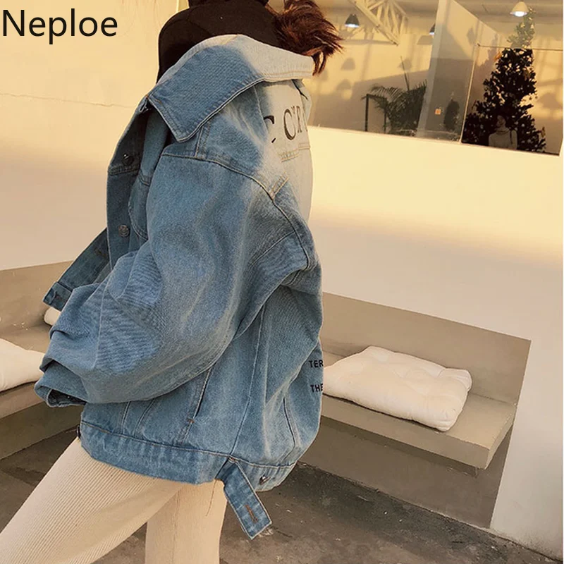 Neploe, корейские новинки, свободные, Ретро стиль, студенческие джинсовые куртки, модные, с воротником поло, с принтом, casoco feminino, куртка, осень 45601