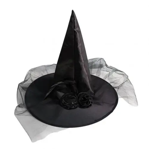 Черный new beautiful Women Halloween Cosplay Party Prop Mesh Witch Hat with Artificial Rose Flower Funny Mats Cosplay Prop Mesh Design - Цвет: Черный