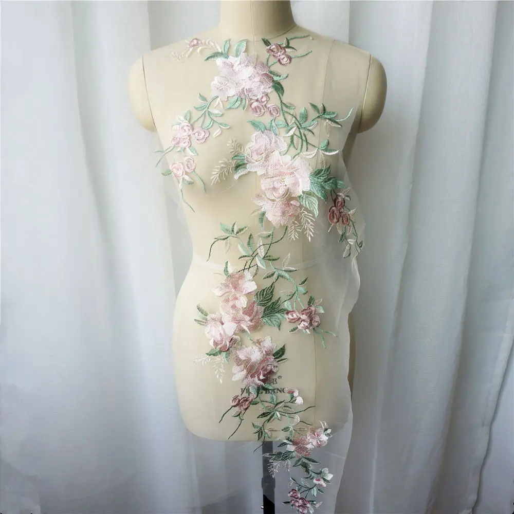 Синий красный коричневый вышитый цветок ветка ткань для аппликации свадебное