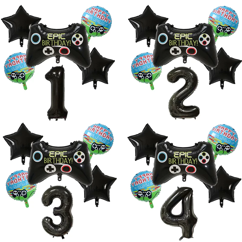 

6pcs Number Balloons Black Gamepad Boy game on Foil Balloon Birthday Party Decorations Kids Toy Match Props Gaming Balloon Gift