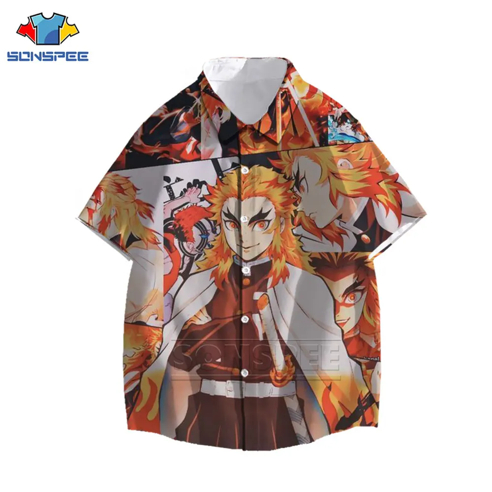 Anime Demon Slayer Rengoku Kyoujurou Shirt 3D Print Cool Cartoon Many Faces Shirt Summer Casual Men's Oversized Hawaiian Shirts