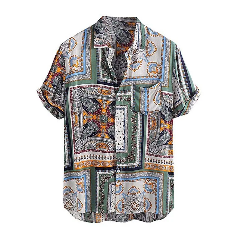 

2021 New Men's Geometric Print Ethnic Style Lapel Short Sleeve Shirts Men's Casual Beach Travel Top