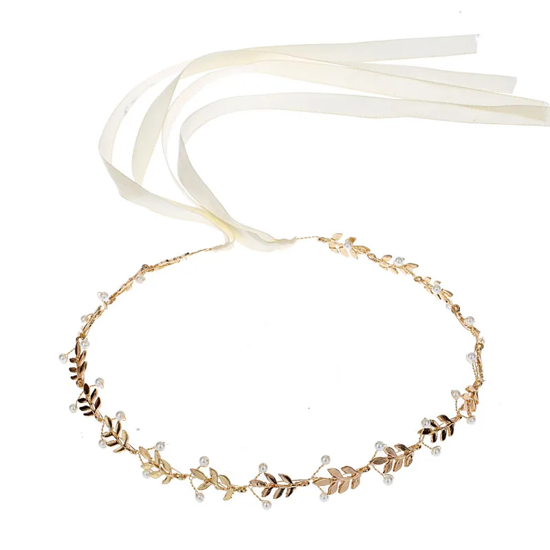 SLBRIDAL золотой цвет сплав листья жемчуг свадебная повязка на голову для волос лоза