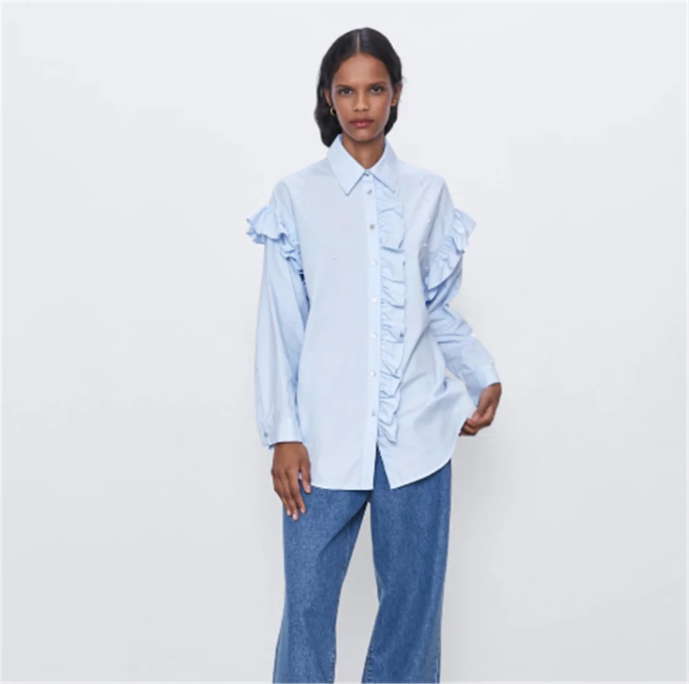 Женская рубашка с длинным рукавом ZA модная весенняя отложным воротником и