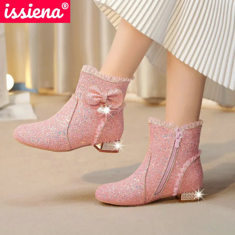 

ISSIENA 2021 Children Winter Warm Boots PU Leather Kids Fashion Zipper Butterfly-Knot Boots Baby Girls Boots Size 28-39