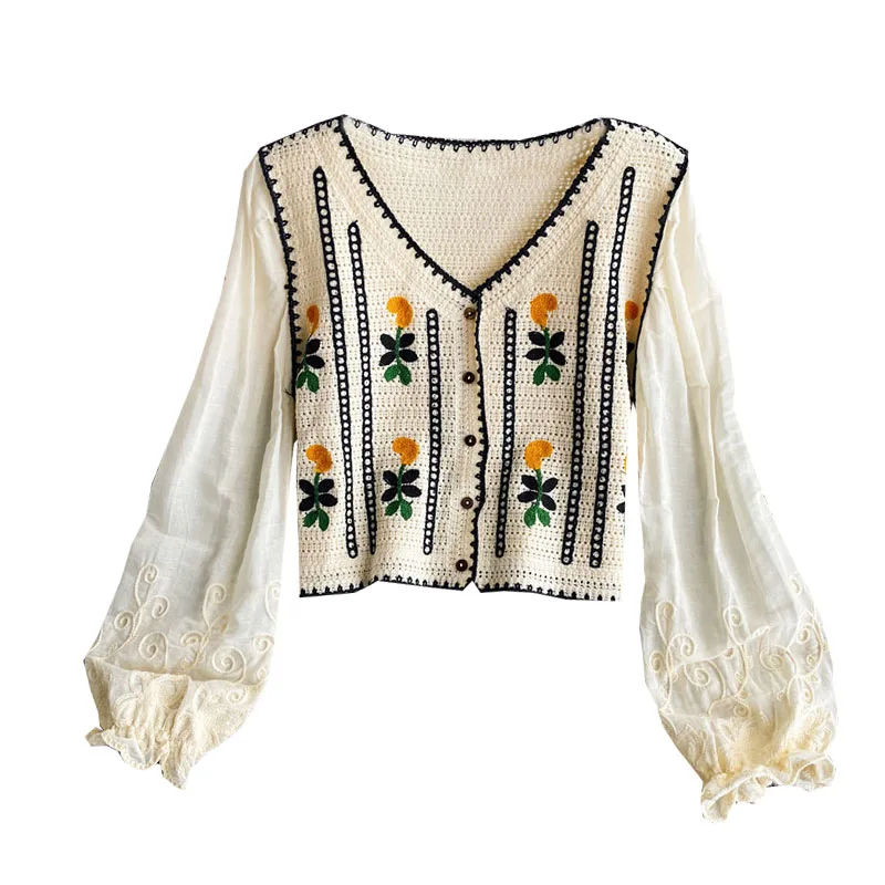 

Retro Crochet Hollow Embroidery V-neck Long Shirt Female Spring and Autumn Temperament Sweet and Wild Short Girl Blouse UK078
