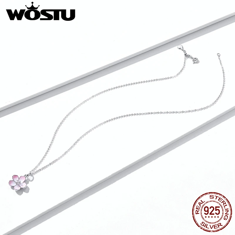 WOSTU подлинное серебро 925 пробы Сакура цветет ожерелье розовый цветок эмаль