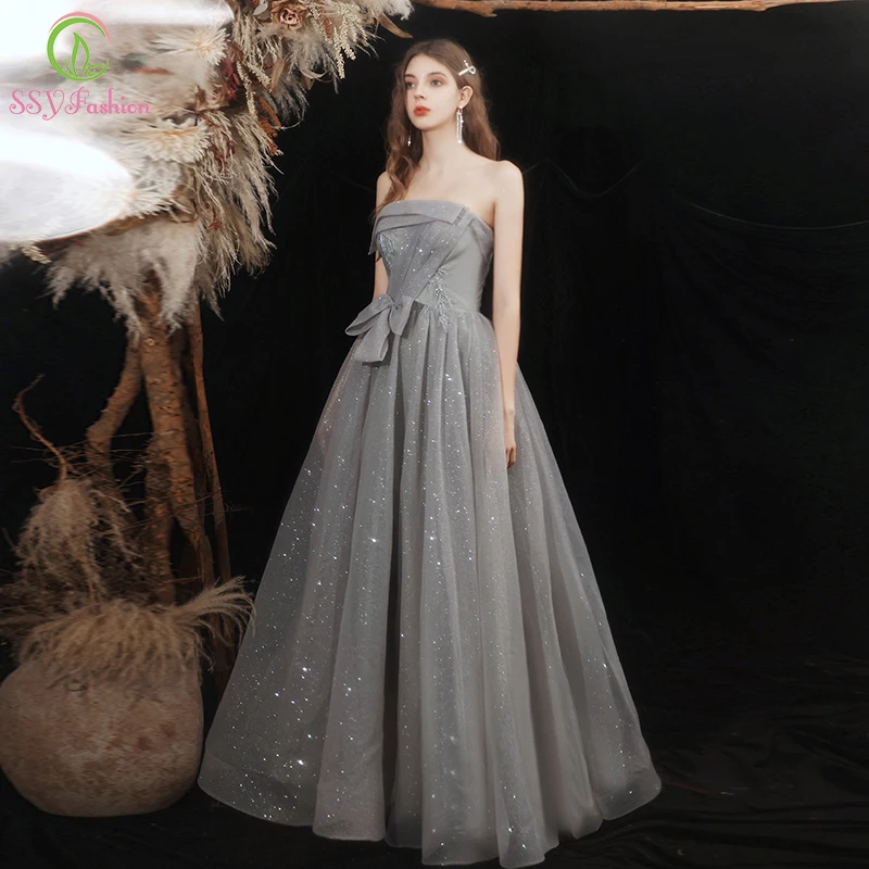 

SSYFashion New Banquet Elegant Grey Evening Dress for Women Strapless A-line Glittering Long Prom Party Formal Gowns Vestidos