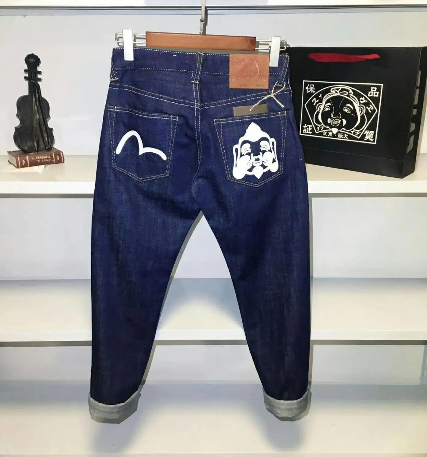 Evisu, новинка, дышащие, высокое качество, модные мужские темно-синие брюки, теплые джинсы, прямые, для отдыха, с принтом, мужские хлопковые брюки, 6190 - Цвет: Синий
