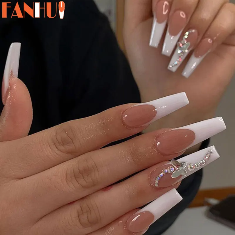 

24pcs/Box Detachable Butterfly Rhinestone Ballerina False Nails Wearable Long Coffin Fake Nails Full Cover Nail Tips With Glue