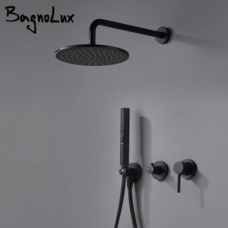 Bagnolux черный латунный встроенный смеситель для душа с держателем на водопроводе ручной развод для душа набор для ванной комнаты - изображение