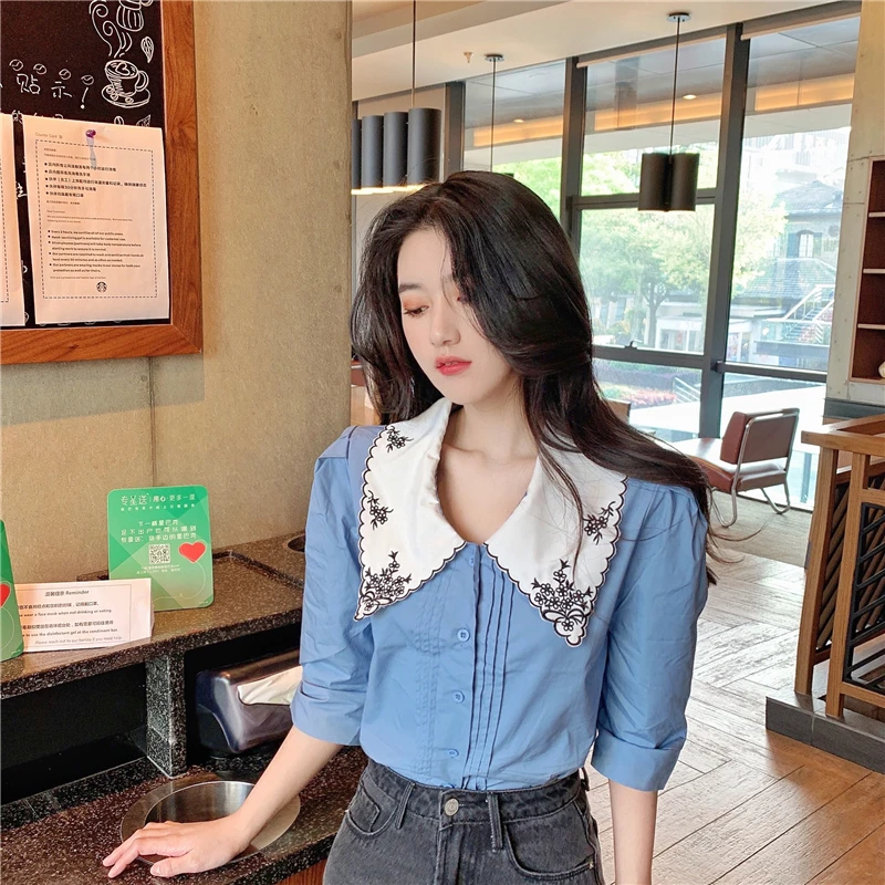 Женская блузка с воротником Питер Пэн цветочным принтом|Рубашки| |