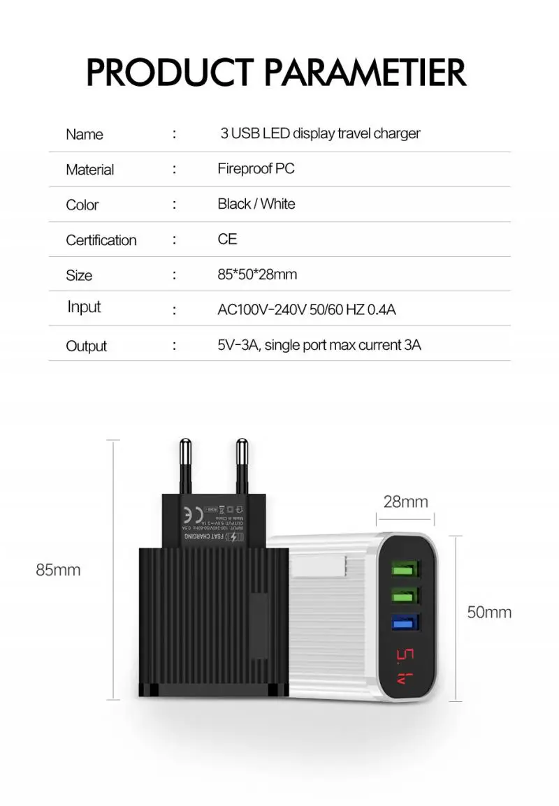 

5V/3.1A Digital Display 3USB Mobile Phone LED Fast Charger EU Plug Wall Travel Charger Adapter Converter Micro TypeC Cable TXTB1