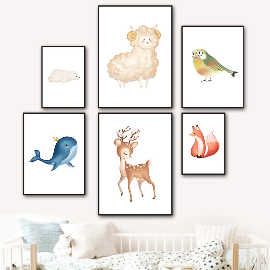 

Cute Fox Bear Sheep Sika Deer Whale Bird Nordic Posters And Prints Wall Art Canvas Painting Animal Wall Pictures Kids Room Decor