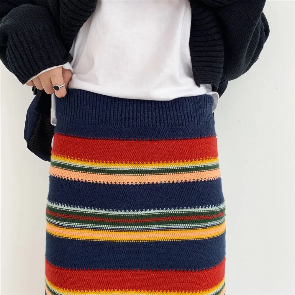 

Knitting Skirts Women Spring Color-stripes Empire Warm Korean Style Breathable Casual All-match Faldas Mujer New Soft Elasticity