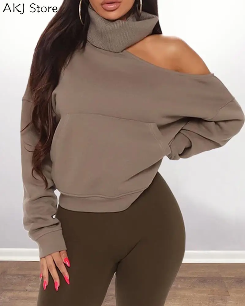 

Women Autumn Solid Cold Shoulder Pocket Design Sweatshirt High Neck Chic Hollow Out Warm Sweatshirts