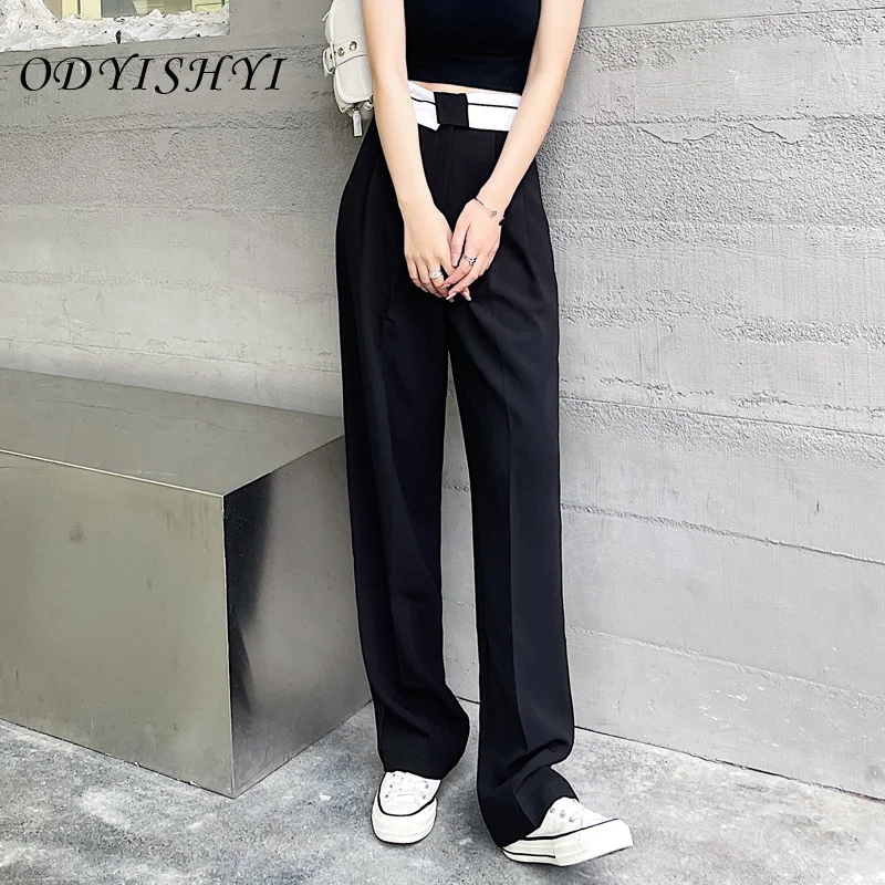 

Women Summer Loose Casual Panelled Wide Leg Pants Female High Street Elegant Black Trousers Ladies Brand Slim Fashion Pants ML09