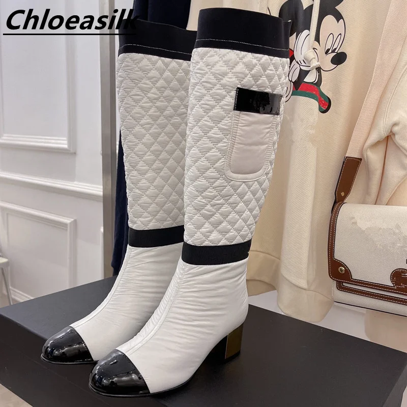 

Оригинальные Роскошные брендовые Модные женские высокие сапоги с логотипом черные белые банкетные сапоги простые универсальные повседнев...