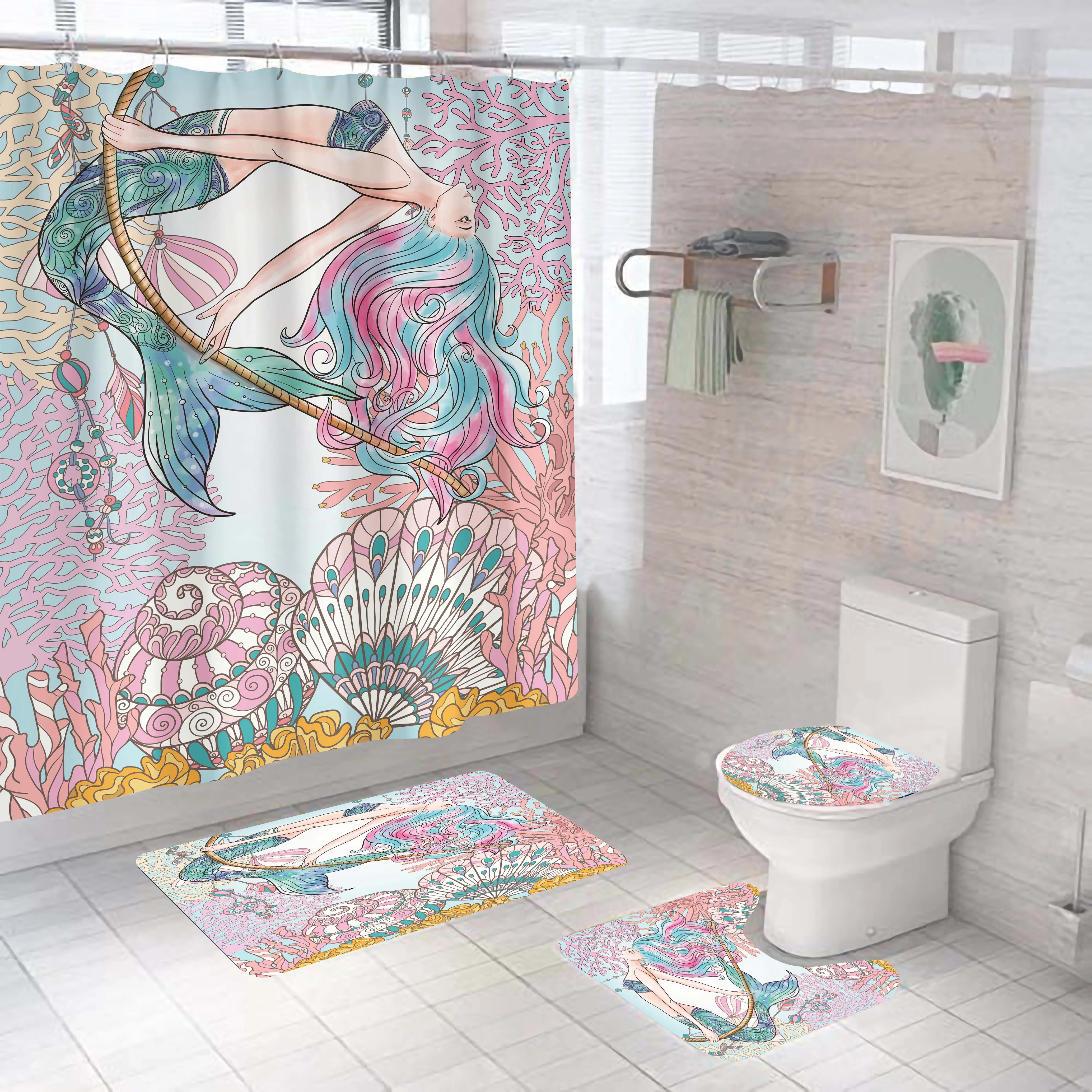

3D Print Mermaid Shower Curtain Set Beauty Bathroom Waterproof Blue Bath Curtain Color Washable Curtains With Hooks