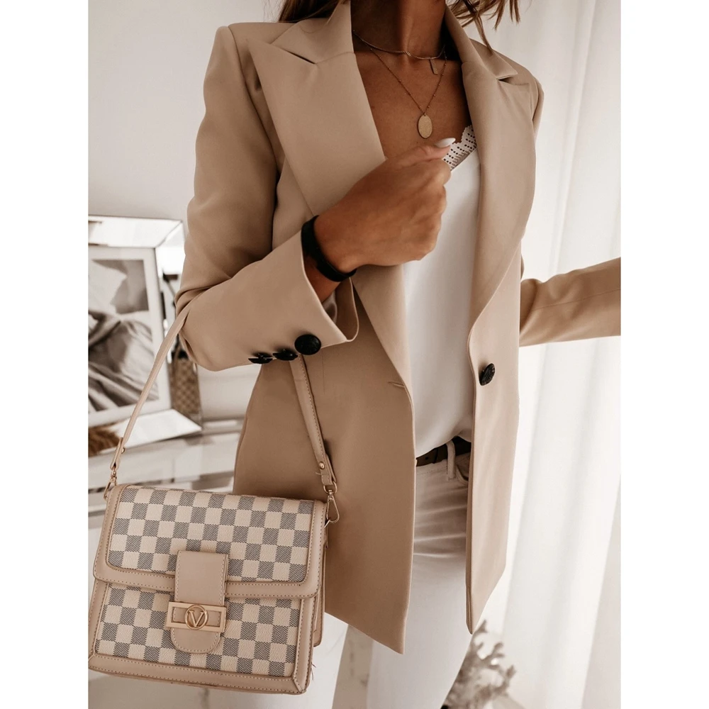 

2021 Fashion Blazer Jacket Women Autumn Casual Notched Collar Long Sleeve Work Suit Office Lady Solid Blazers Jackets Plus Size